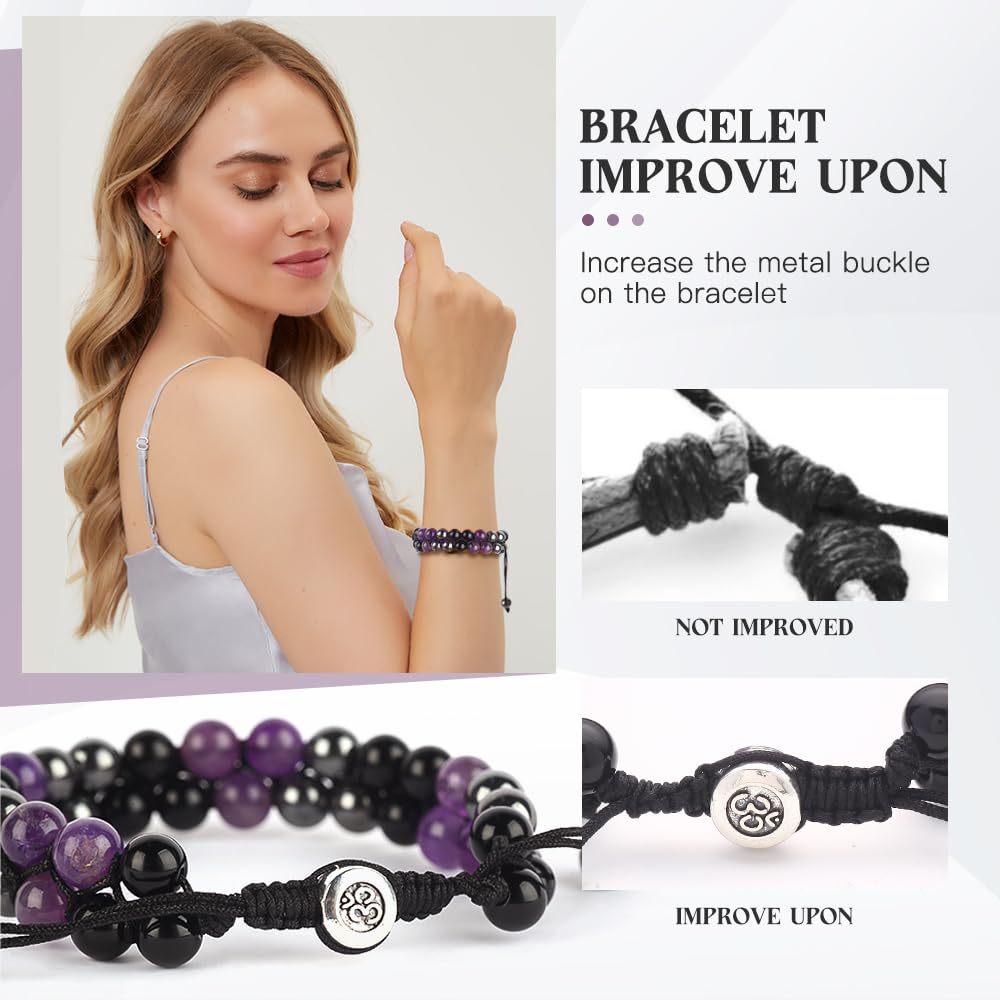 Triple Protection Bracelet - for Protect & Balance - Energy Crystal Bracelets for Men Women - Bring Good Luck & Prosperity - Amethyst Hematite & Black Obsidian Jewelry Natural Stone Healing Bracelet