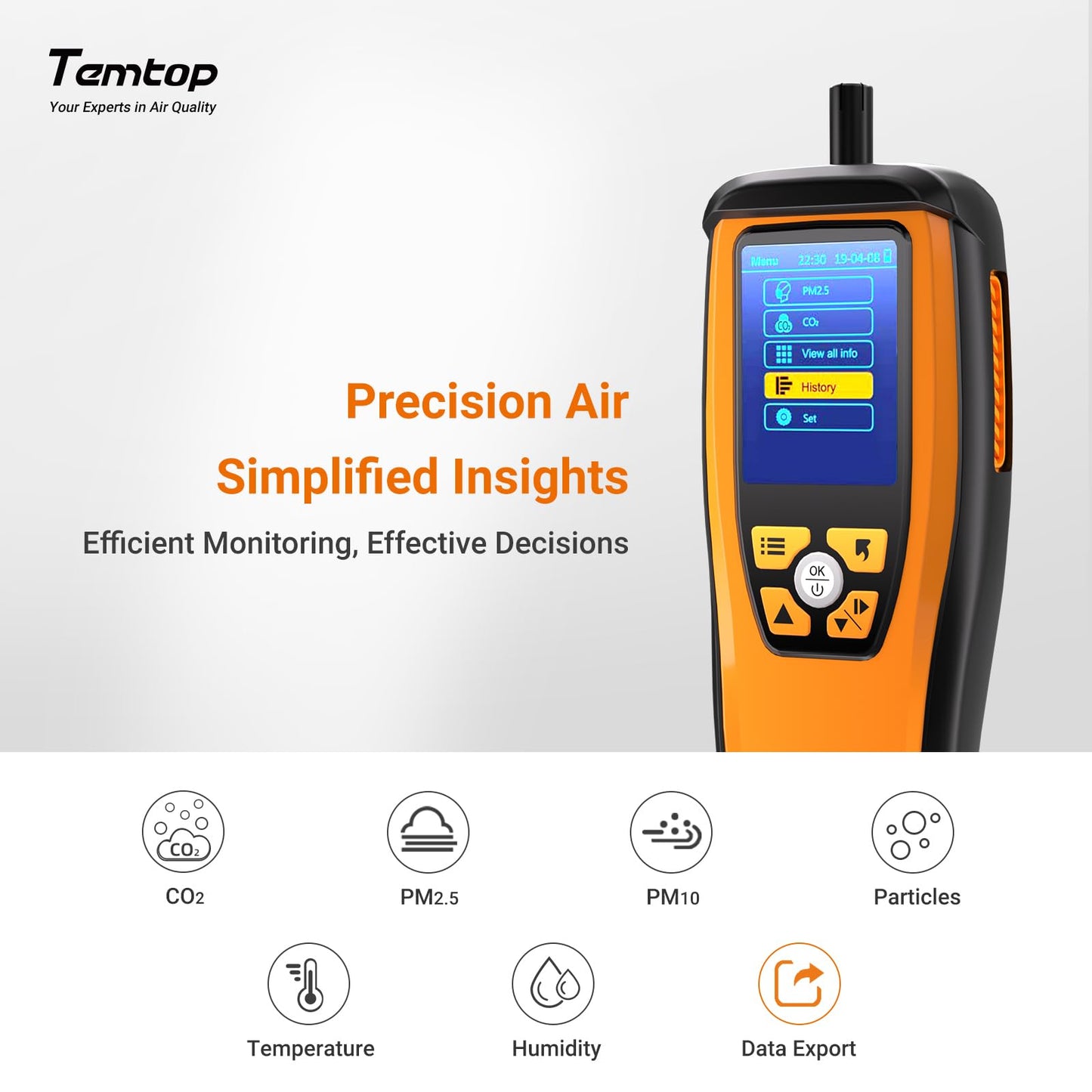Temtop Advanced Air Quality Monitor for CO2, PM2.5, PM10, with Audio Alarm, Temp & Humidity Insights, Plus Data Export for in-Depth Analysis, M2000C 2ND