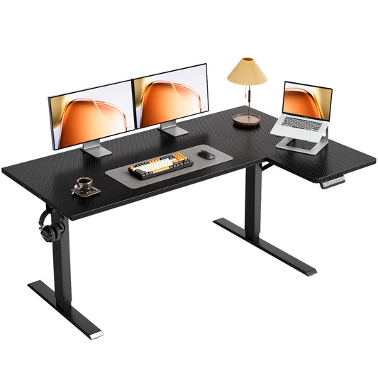 OffiGo Electric L Shaped Standing Desk, 55 Inches Height Adjustable Table, Reversiable Corner Stand Up Desk, Lifting Computer Table for Home Office, Computer Workstation, Carbon Fiber Black