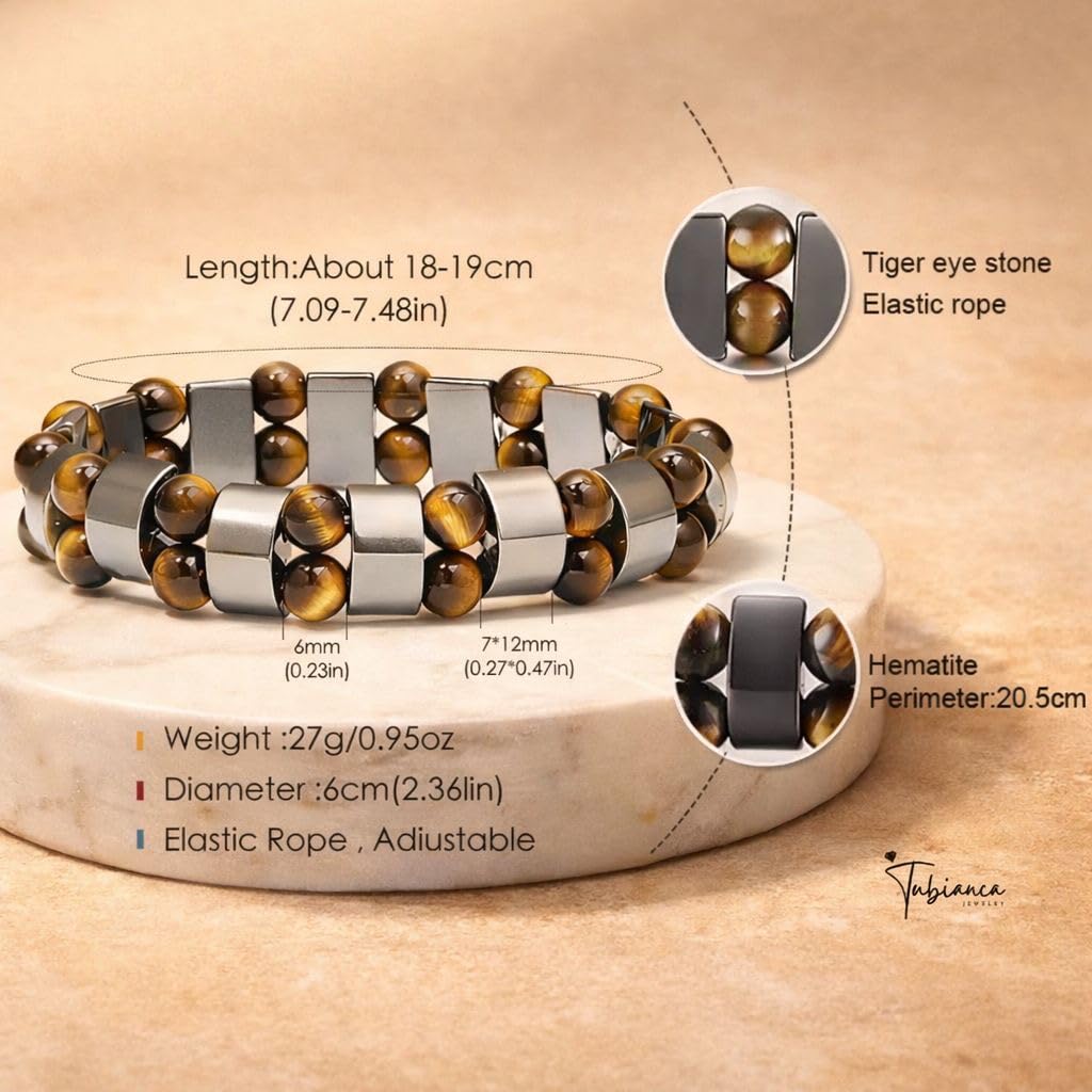 TUBIANCA Tiger Eye & Hematite Bracelet for Men & Women – Double Strength Natural Stone Protection Bracelet – Anniversary, Birthday, Mother’s Day & Father’s Day Gift