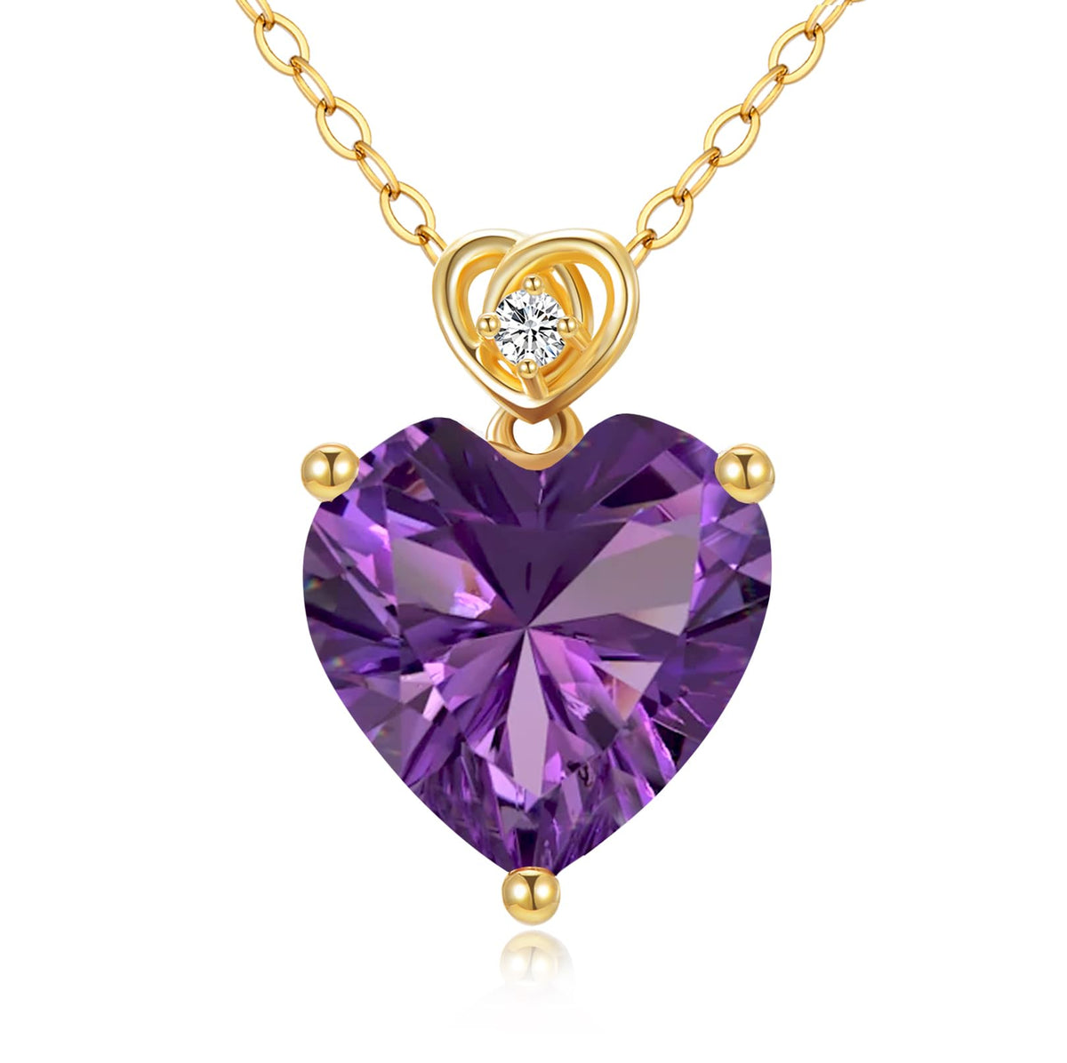 NFYBD 14k Gold Love Heart Amethyst Birthstone Pendant Necklace for Women 3 Carat Heart-cut Created Gemstone Anniversary Birthday Mother's Day Necklaces for Her 16+1+1 inch-Feb