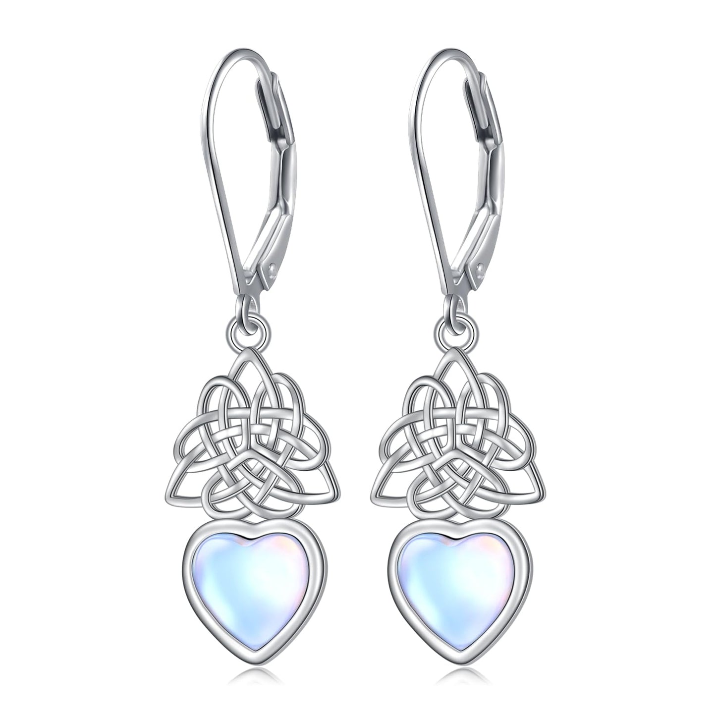 SHAOAN Celtic Knot Moonstone Dangle Drop Earrings 925 Sterling Silver Heart Irish Celtic Knot Leverback Earrings Jewelry Gifts for Women