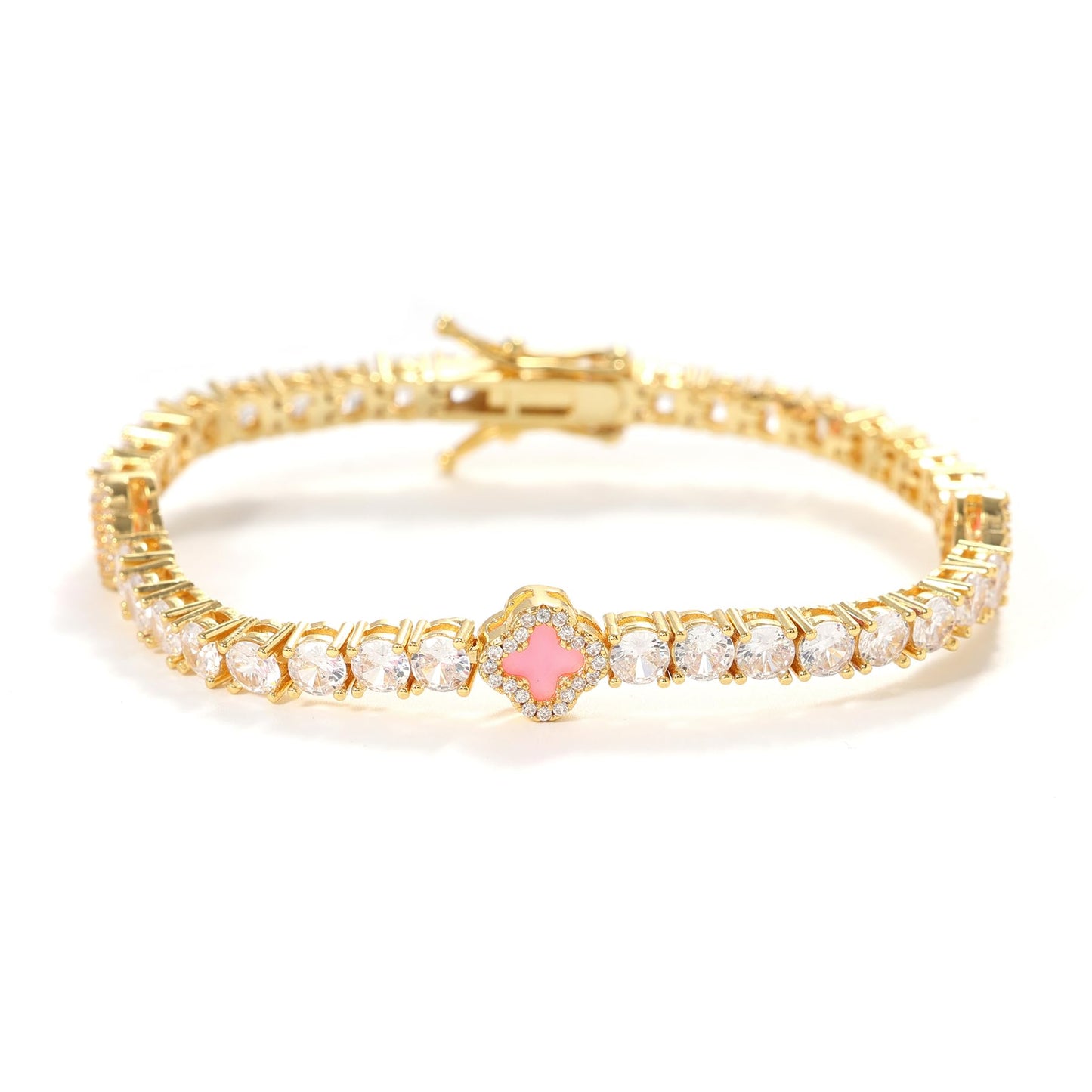 LuxeFlex 4mm Iced Out Clover Tennis Bracelet, White Gold Plated with 5A Zircon Stones, Handmade exquisite Hip Hop Jewelry, Perfect Unisex Gift (Gold-Pink,7)