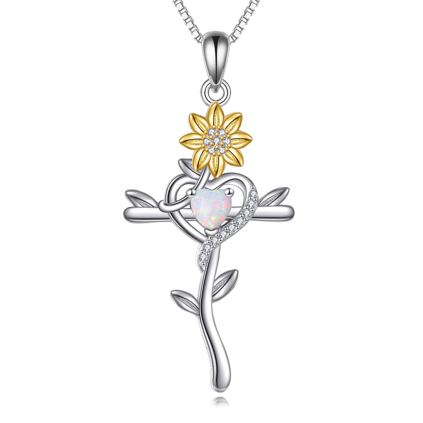 POPLYKE Cross Necklace for Women Sunflower Cross Necklace 925 Sterling Silver Opal Pendant Religious Jewelry Sunflower Gift for Her