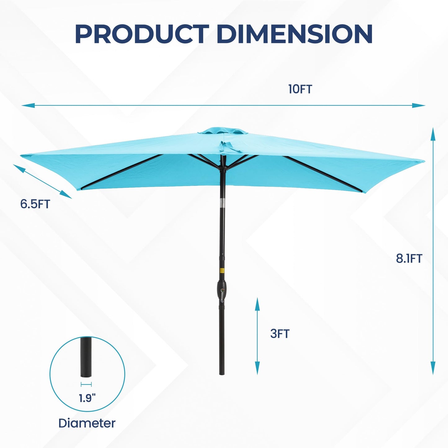 SUNVIVI OUTDOOR 6.5 x 10 Ft Rectangular Patio Umbrella Metal Pole, Outdoor Table Market Umbrella with Crank, 6 Steel Ribs, Polyester Canopy, Turquoise