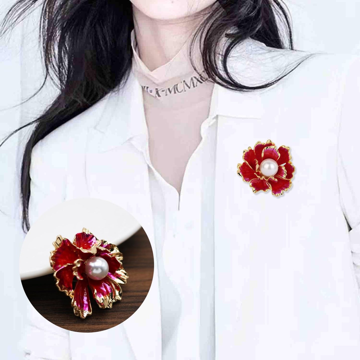 Red/White Enamel Peony Flower Crystal Brooches Pins Fashion Beautiful Created Rhinestone Pearl Floral Brooch Good Idea for Party Dance Wedding Banquet for Elegant Women Girl (Red Enamel Flower)