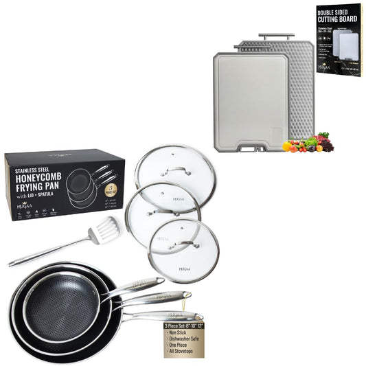 MUGAA Stainless Steel Frying Pan 3-Piece Set + Large Stainless Steel Cutting Board – Honeycomb Nonstick Skillets (8”, 10”, 12”) with Lids & Spatula, Double-Sided 304 Steel Board with Knife Sharpener