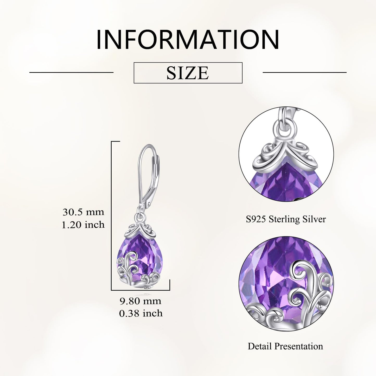 POPLYKE BirthStone Filigree Teardrop Drop Dangle Earrings Sterling Silver Amethyst Leverback Earrings February Birthstone Jewelry Gifts for Women