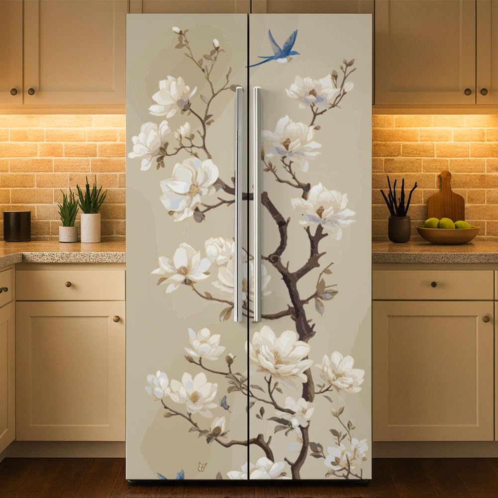 GOMAKERER 2 Pcs Branch and Bird Removable Refrigerator Wraps, Self-Adhesive Fridge Stickers Peel and Stick Vinyl Fridge Decals Sticker for Living Room Kitchen Bar Home Door Decor, 16.34x78.74 Inch