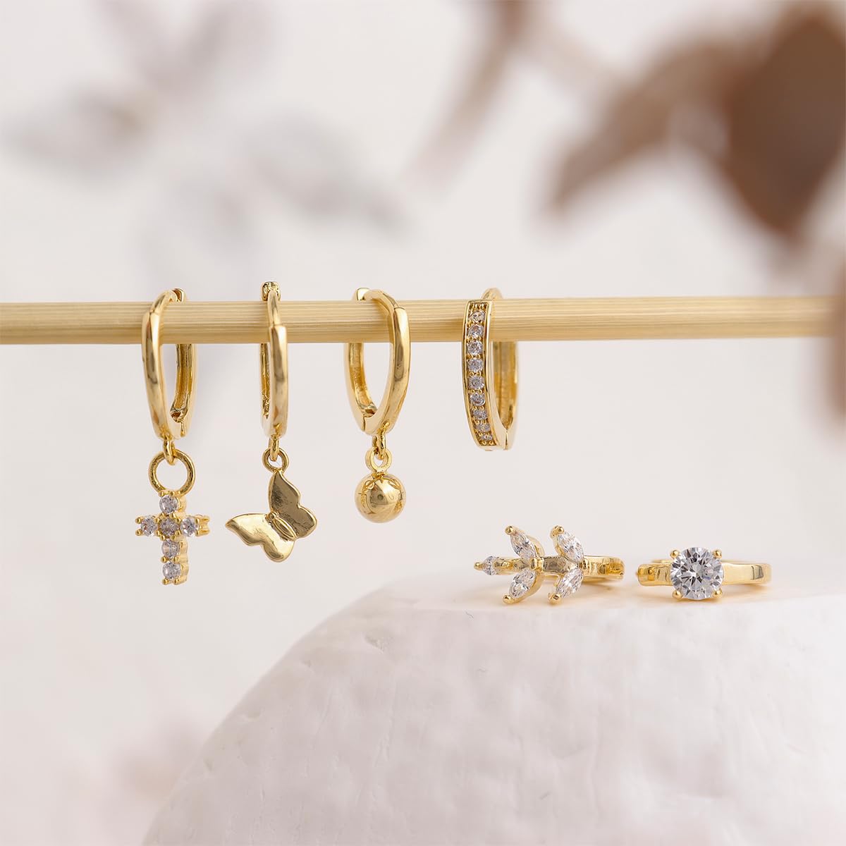Frigotine 3PCS Gold Ball Cross Butterfly Dangle Small Hoop Earrings Stack Set for Woman, Dainty Rhinestone CZ Drop Multiple Piercing Cartilage Huggie Earing Wedding Prom Fashion Jewelry Gifts