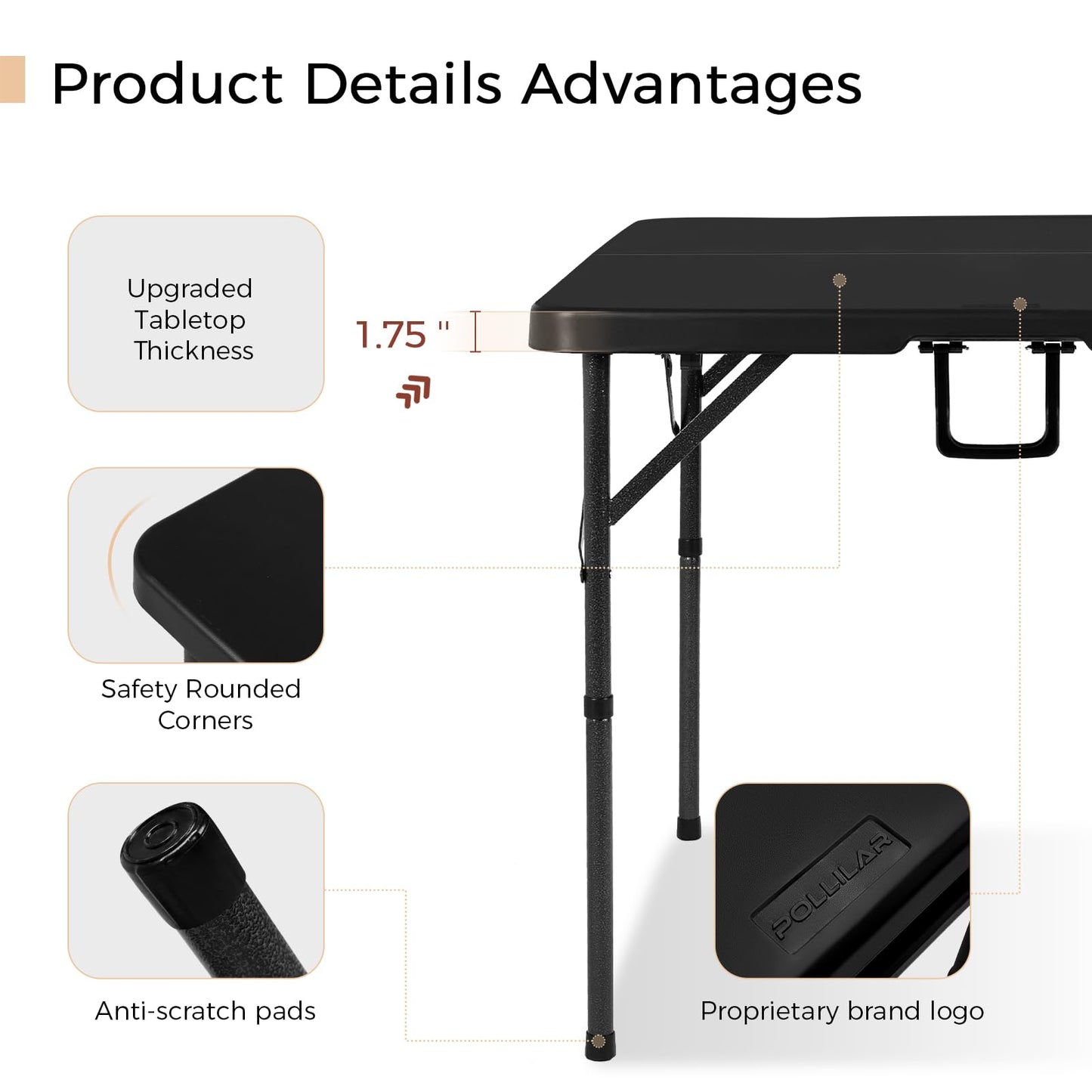 pollilar 34" Folding Card Table Square Foldable Table Plastic Portable with Detachable Legs, Dual Height Adjustable, Heavy-Duty Indoor Outdoor Dining, Game, Picnic, Mahjong Tables-Black