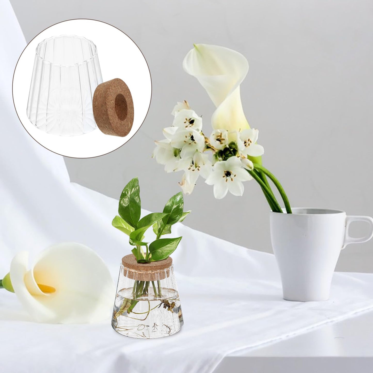 DECORNIJIA 3pcs Glass Hydroponic Plant Propagation Vases with Smooth, Hammered Vertical Textured Volcanic Cork Stoppers for Desktop Terrarium and Indoor Plant Decoration