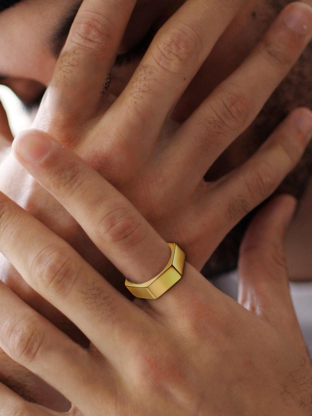 ChainsHouse Personalize Simple Band Rings 18K Gold Plated Geometric Hexagon Biker Ring for Men Women, Size 14