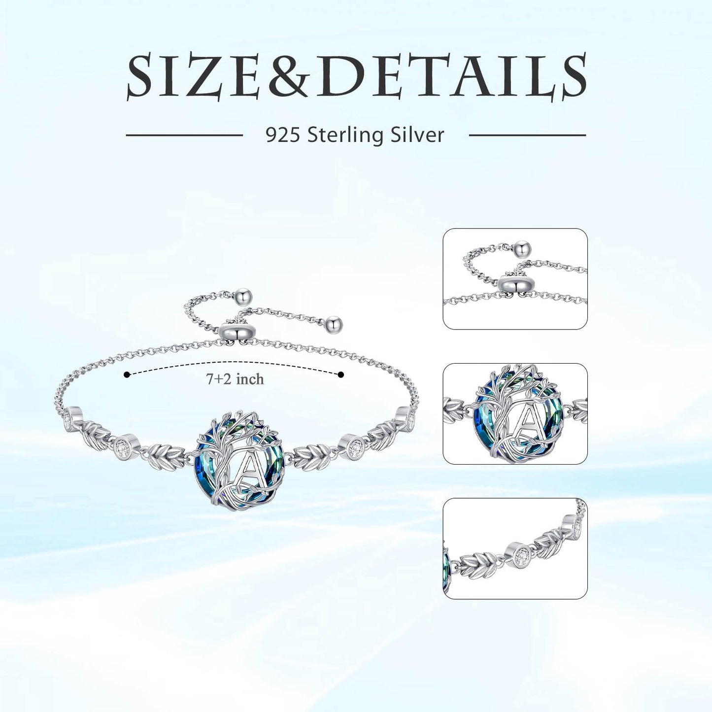 TOUPOP Tree of Life Initial Bracelet Sterling Silver Initials A Letter Link Bracelets Blue Circle Crystal Family Tree Birthday Mothers Day Jewelry Gifts for Women Mom Wife