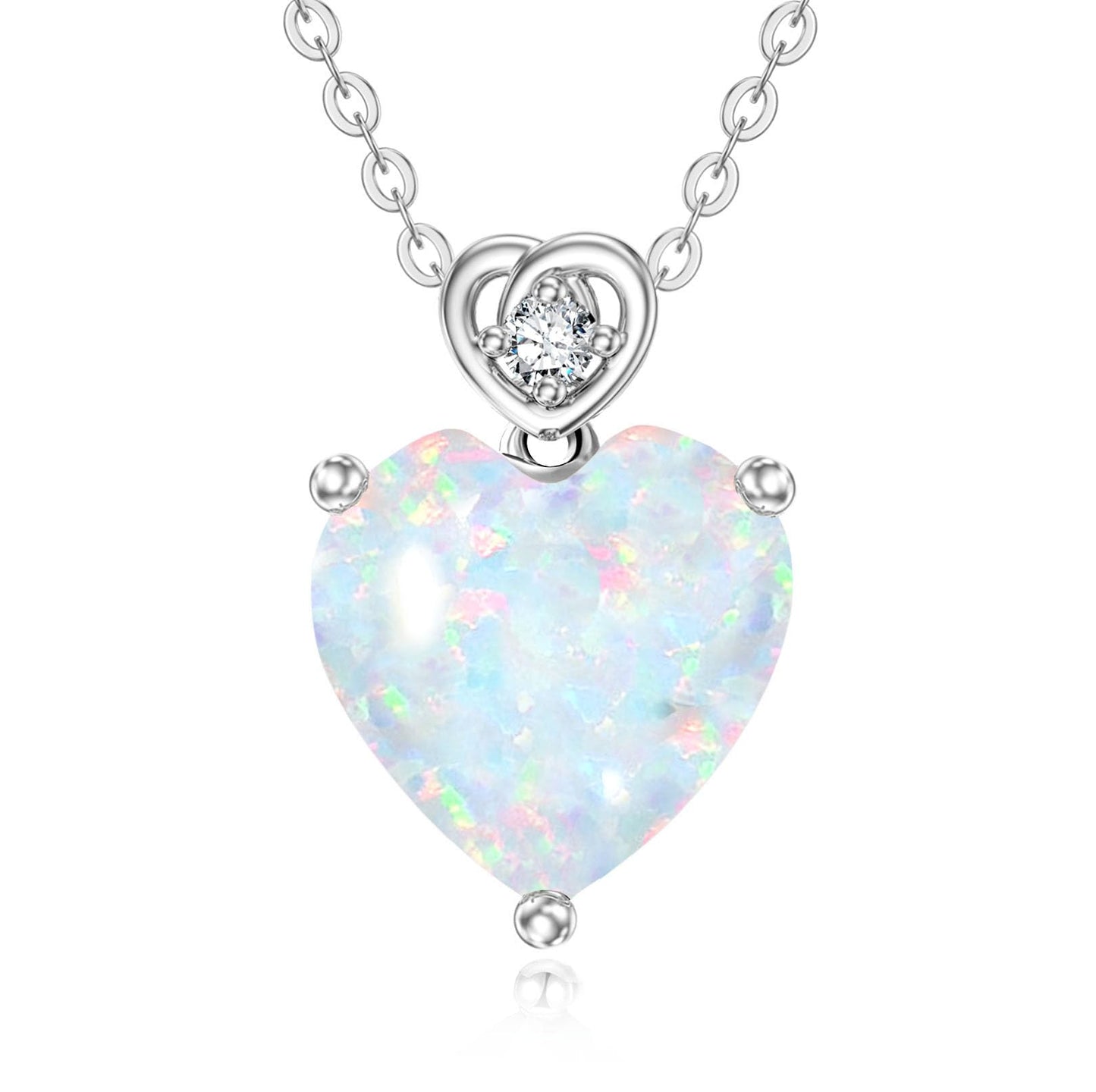 NFYBD 14k White Gold Love Heart Opal Birthstone Pendant Necklace for Women 3 Carat Heart-cut Created Gemstone Anniversary Birthday Mother's Day Necklaces for Her-October