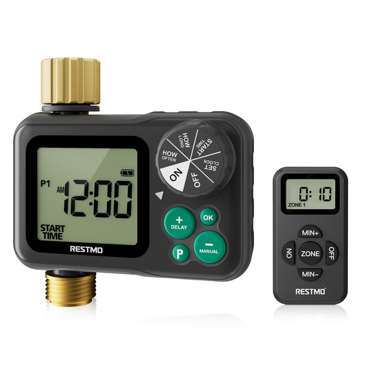RESTMO Remote Control Brass Sprinkler Timer for Outdoor Hose Faucet, Up to 11h59m Programmable Watering Timer for Soaker Hose, Misting with Large Dial, Rain Delay/Manual/Automatic Irrigation System