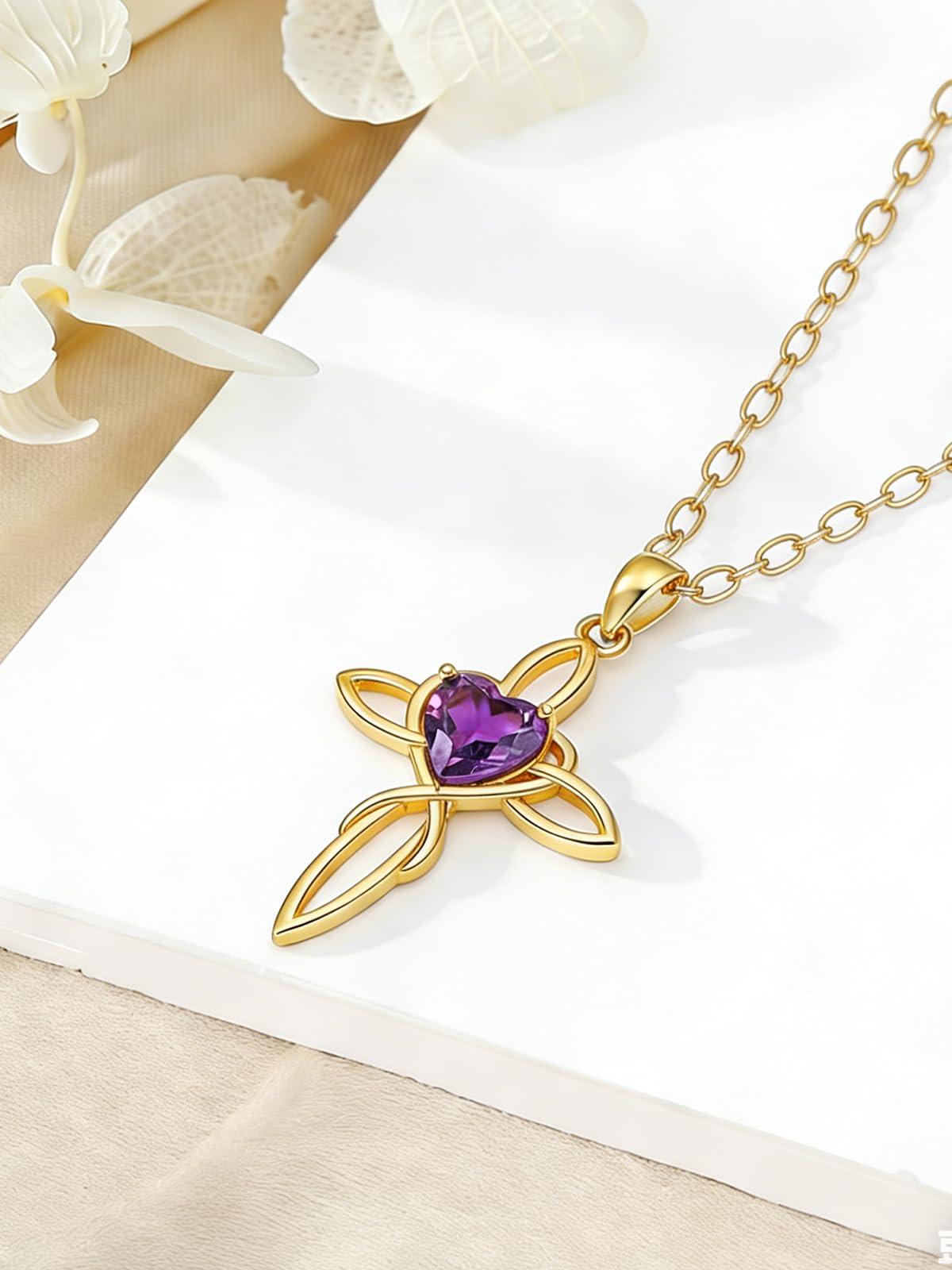POIUY 14K Gold Dainty Celtic Knot Cross Birthstone Necklace for Women Irish Infinity Heart Pendant Cross Jewelry Anniversary Valentines Birthday Mothers Day Gifts for Mom Wife Her