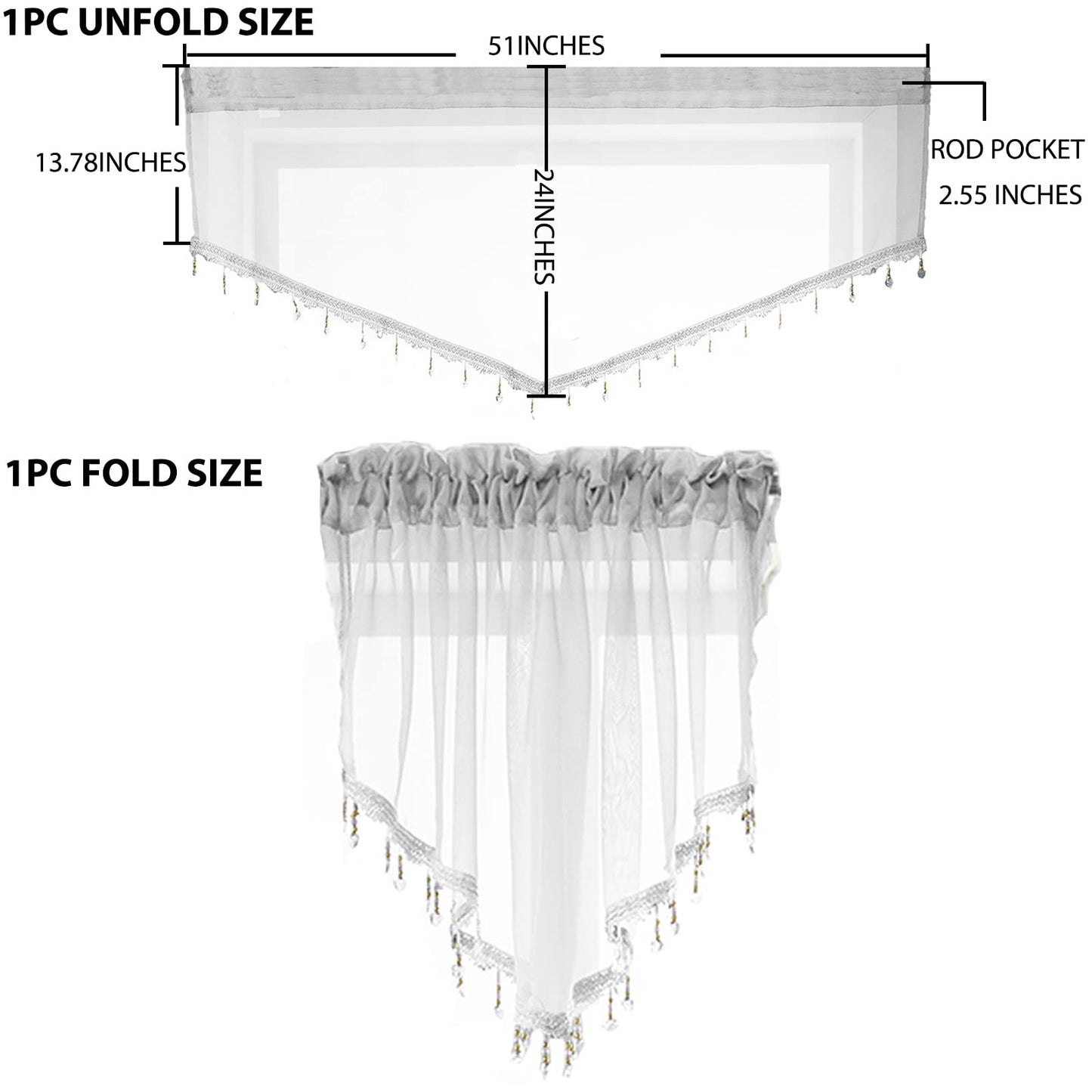 Beaded Triangle Sheer Valance Curtains for Living Room,Rod Pocket Farmhouse Window Valance, Bead Trim Tassel Voile Sheer Curtain Valance for Bedroom Bathroom Cafe 51x24 Inches (Ivory) 1PC