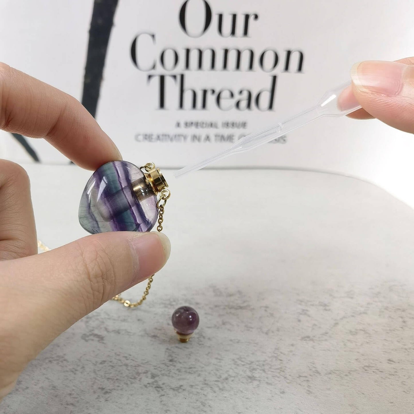 Ladywowu Perfume Bottle Necklace, Heart Shape Fluorite Crystal Necklace, Natural Gemstone necklaces for Women, Heaing Stone Vial Necklace Pendant for Liquid, Essential Oil