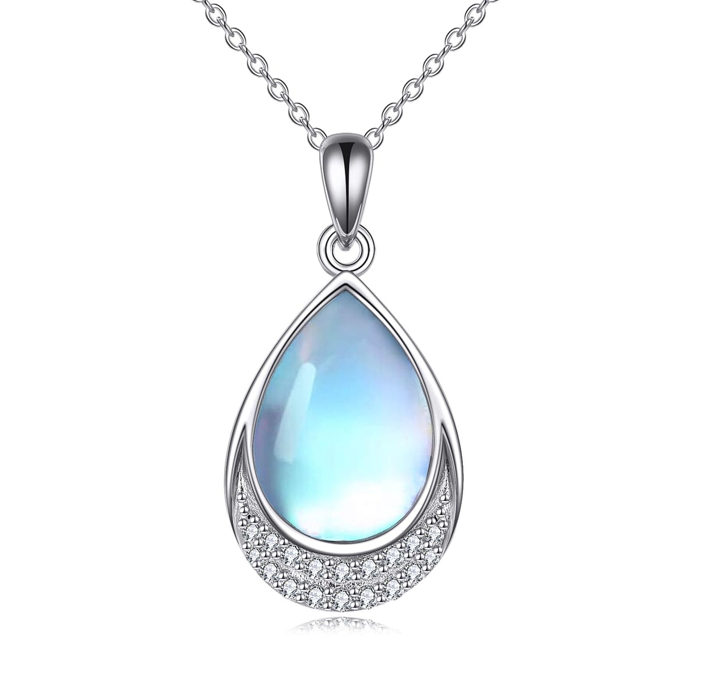 YAFEINI Moonstone Necklace 925 Sterling Silver Cubic Zirconia Teardrop Pendant Necklace Jewelry for Women(V-Cubic Zirconia Moonstone Necklace)