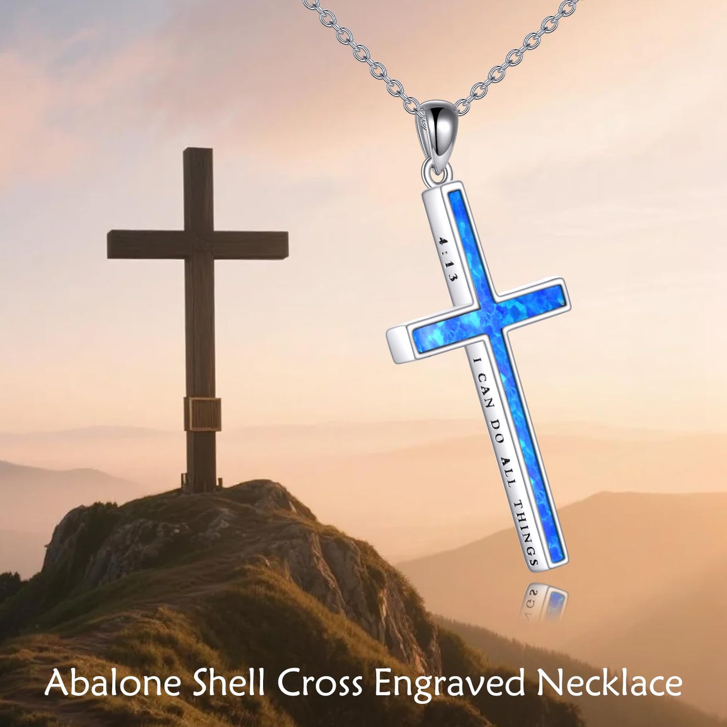 YFN I Can Do All Things Cross Necklace Sterling Silver Blue Opal Cross Pendant Thin Cross Jewelry Gifts for Women Men
