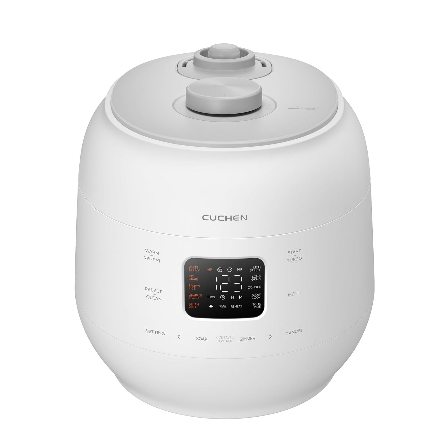 CUCHEN CRS-FWK0640WUS | Automatic Dual Heating Pressure Rice Cooker 6 Cup (Uncooked) (1.14 quarts): 6 person serving / per use | High/Non-Pressure | Triple Power Packing | Easy Open Handle | Stainless Cover | Auto Steam Clean | White