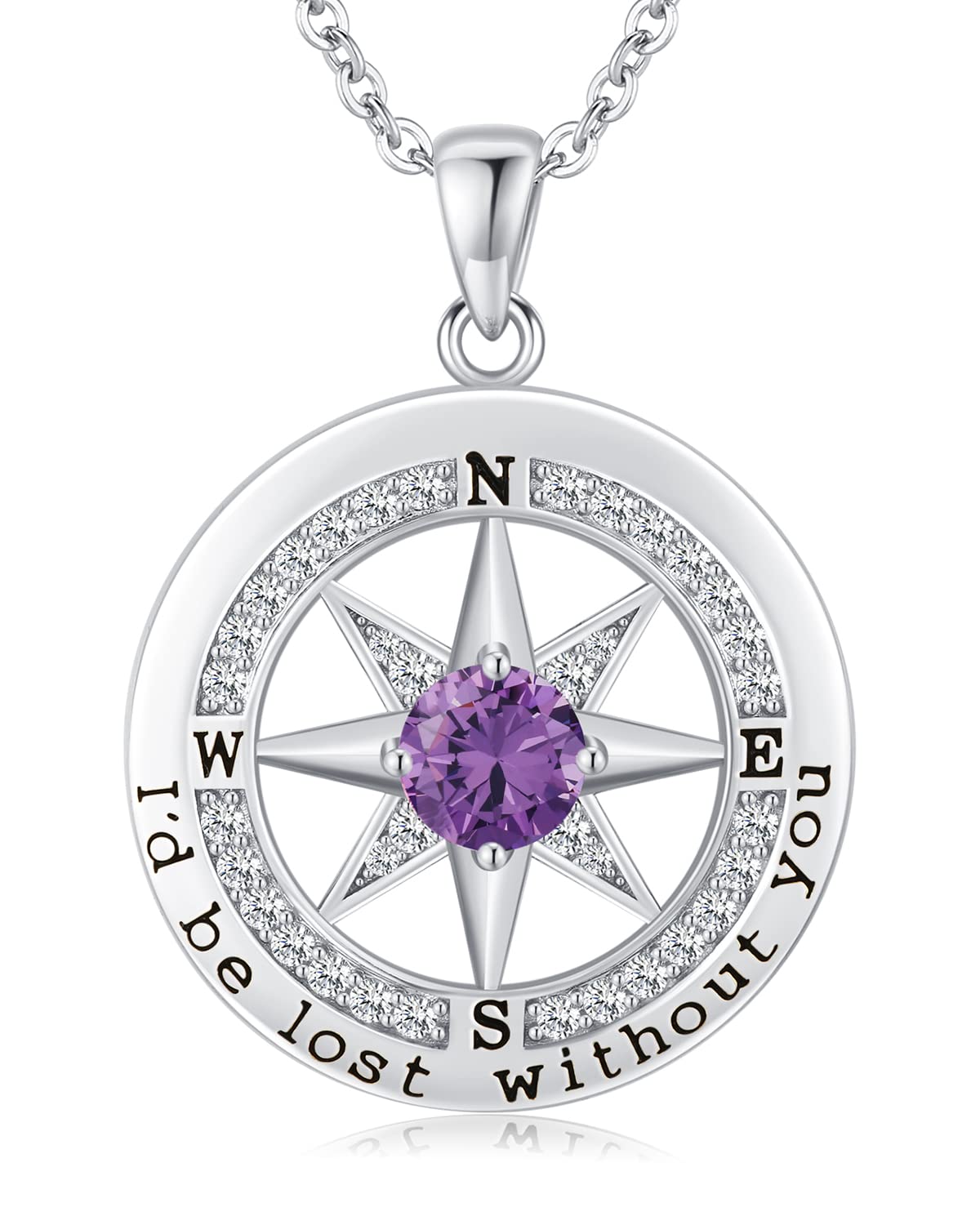 S925 Sterling Silver Necklace for Wife, Women Anniversary Year Gifts Compass Jewelry, Birthday Gift Ideas for Her Girlfriend, Wedding Present, 18K White Gold February