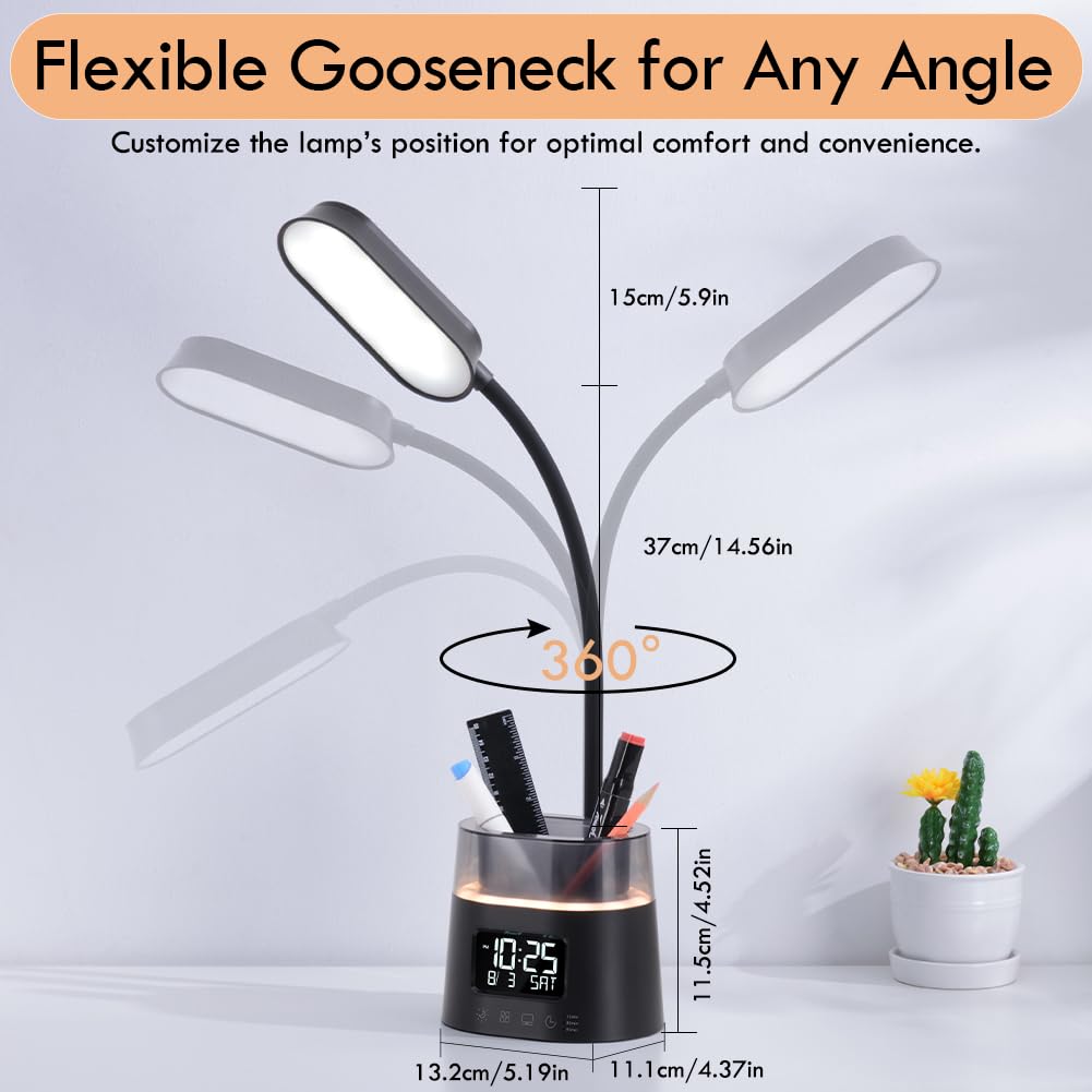 WILIT LED Kids Desk Lamp, Dimmable Study Lamp for Home Office Desk Accessories, with Pen Holder & Clock, USB Charging Port, RGB Night Light, Bedroom & College Dorm Room Essentials for Girls - Black