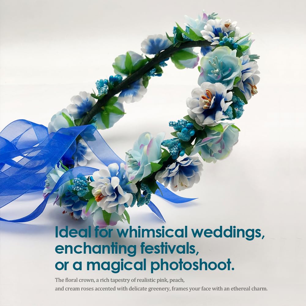 Klazelle Floral Crown Headband and Wrist Corsage Set, Flower Hair Wreath with Ribbon for Weddings and Festivals (blue)