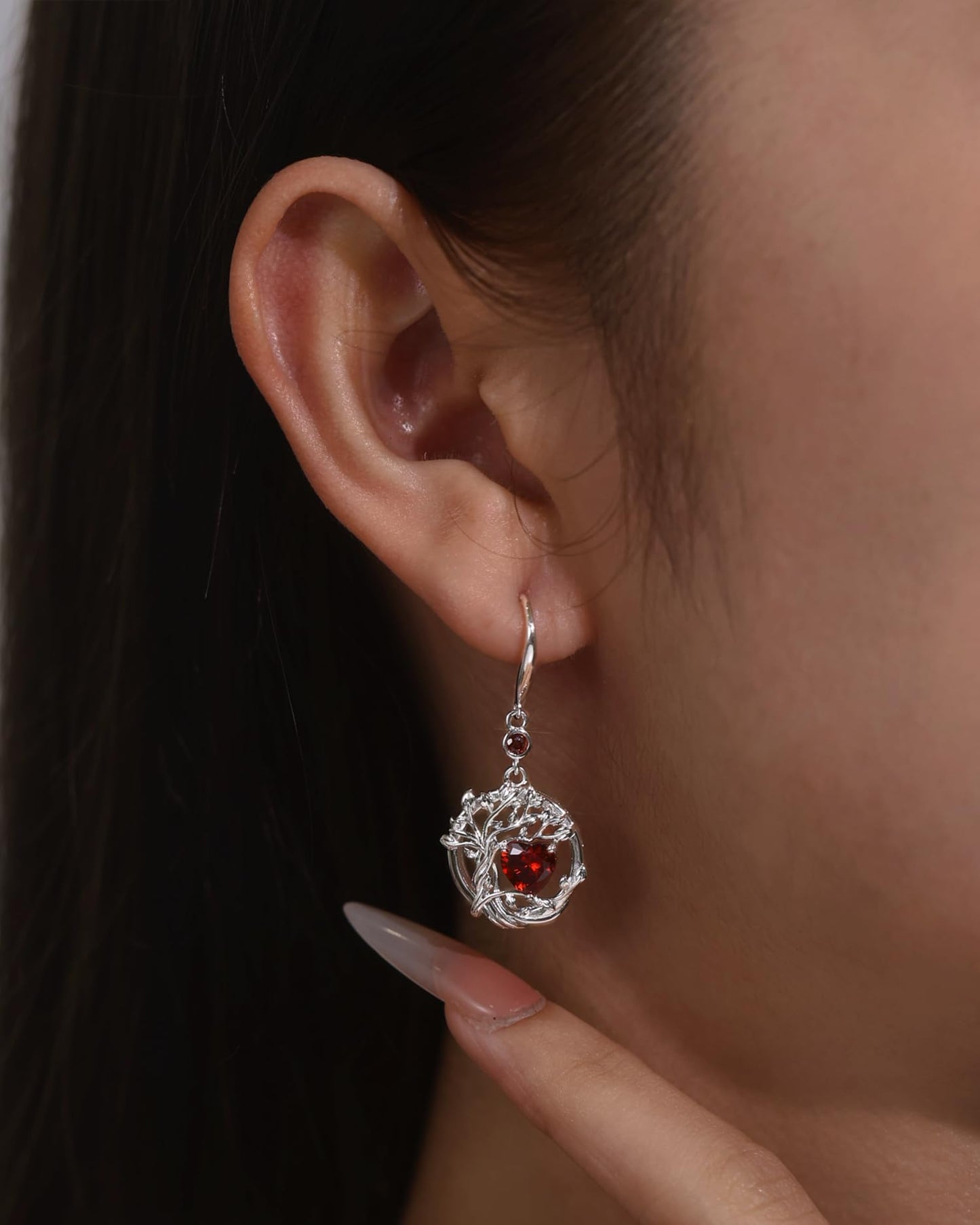 FANCIME Tree of Life Earrings 925 Sterling Silver Dainty Red Garnet Dangle Drop Gemstone Earring January Birthstone Fine Jewelry Birthday Mothers Day Gifts for Wife Her Women
