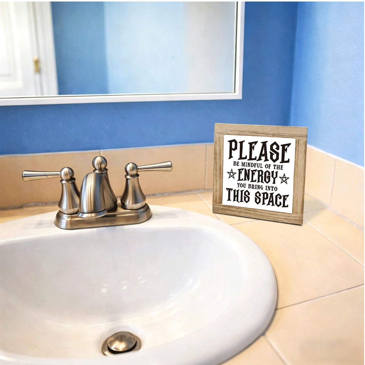Please Be Mindful of The Energy You Bring into This Space Sign, Country Style Wooden Box Sign, Interesting Home Decoration for Desktop Shelf Gift for Friends 5.9X5.9X0.7 inches
