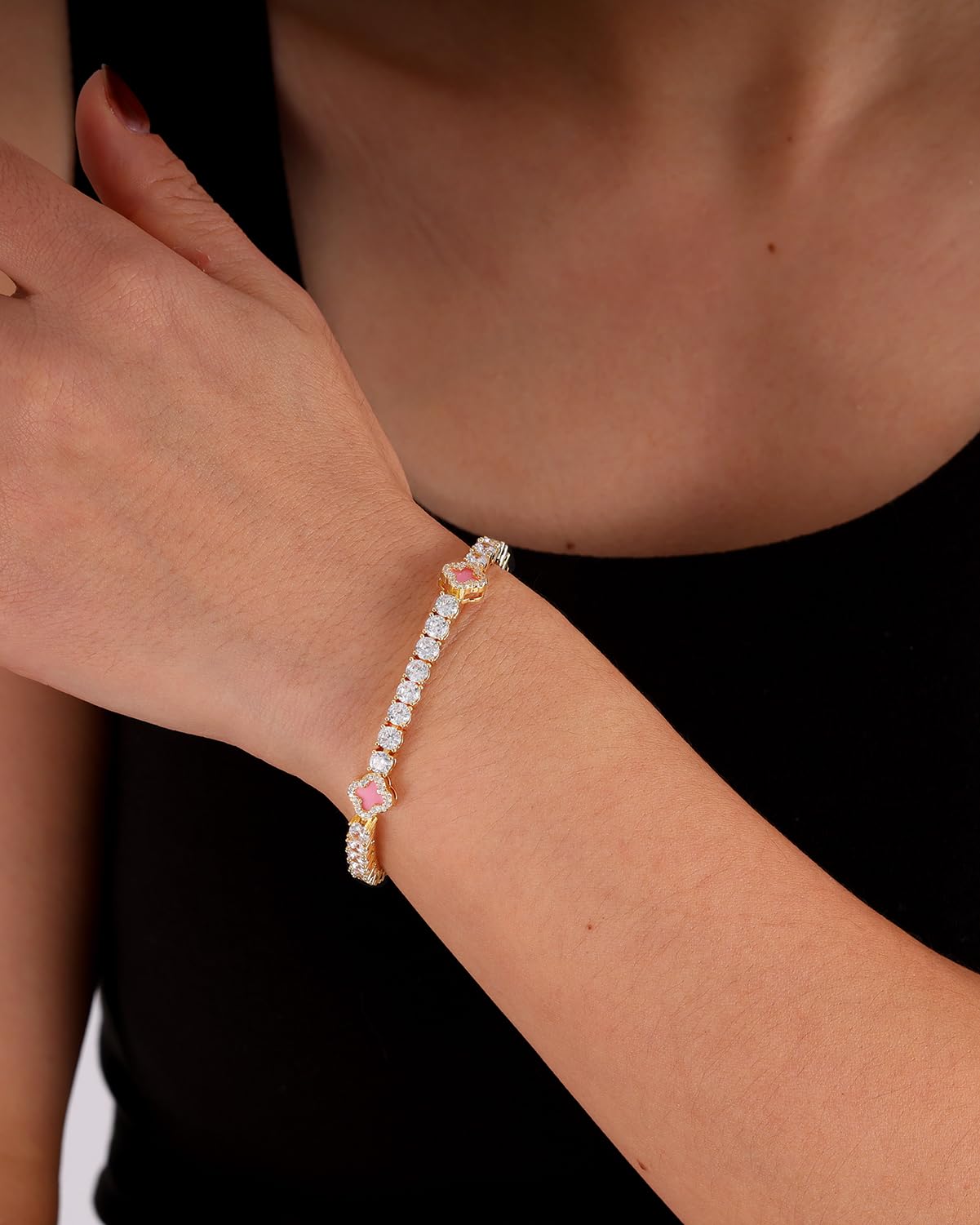 LuxeFlex 4mm Iced Out Clover Tennis Bracelet, White Gold Plated with 5A Zircon Stones, Handmade exquisite Hip Hop Jewelry, Perfect Unisex Gift (Gold-Pink,7)