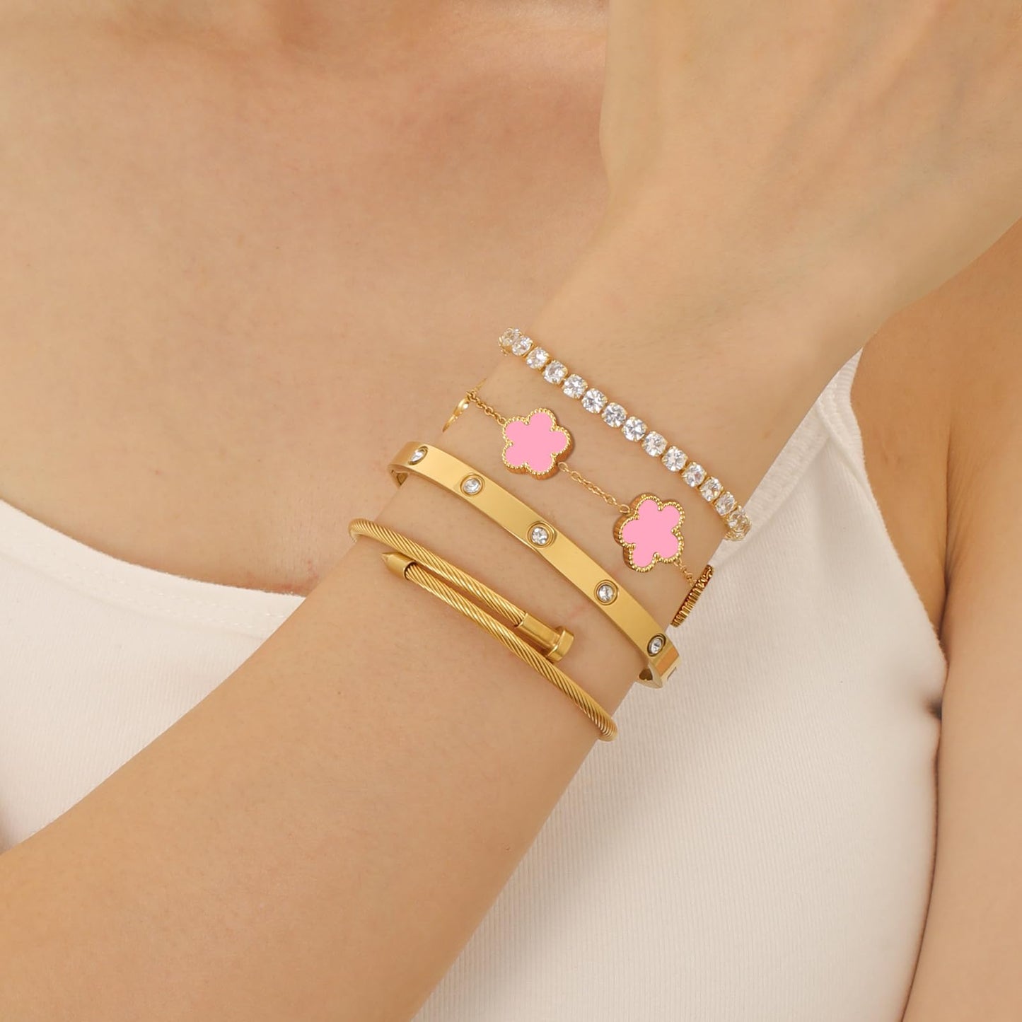 Gold Bracelets for Women, 18K Gold Plated Women Tennis Bracelets Clover Nail Love Bangle Bracelet Set, Gold Bracelet Stackable Set Trendy Jewelry, Gifts for Women's Day and Mother's Day (02-Color-pink)