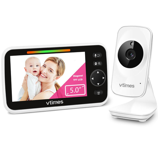 VTimes 5" LCD Screen Video Baby Monitor with Camera and Audio No WiFi, Two Way Audio, Night Vision,1000ft Range, 2X Zoom Temperature Display, Alarm, Lullaby for Baby Elderly Pet
