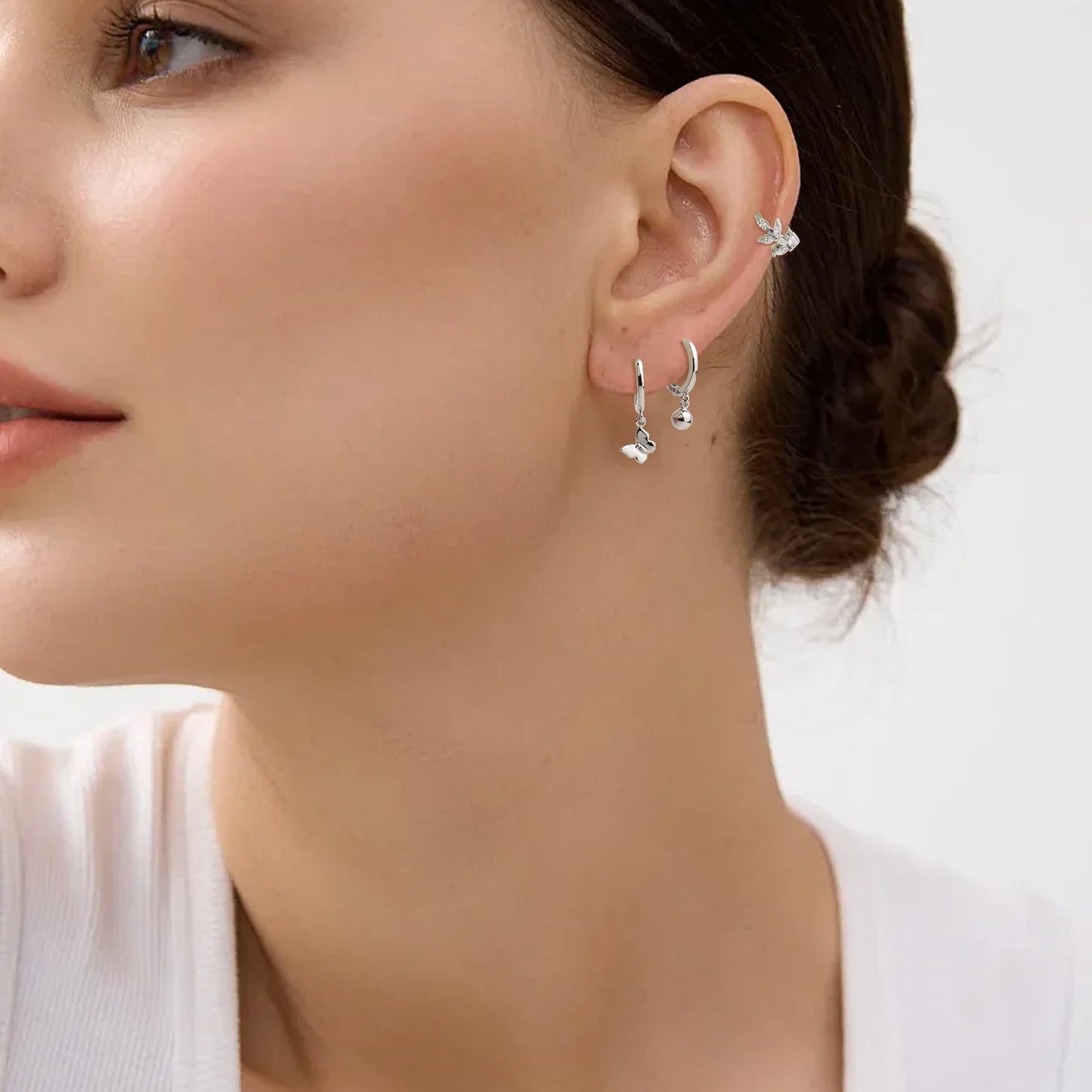 Frigotine 3PCS Silver Ball Cross Butterfly Dangle Small Hoop Earrings Stack Set for Woman, Dainty Rhinestone CZ Drop Multiple Piercing Cartilage Huggie Earing Wedding Prom Fashion Jewelry Gifts