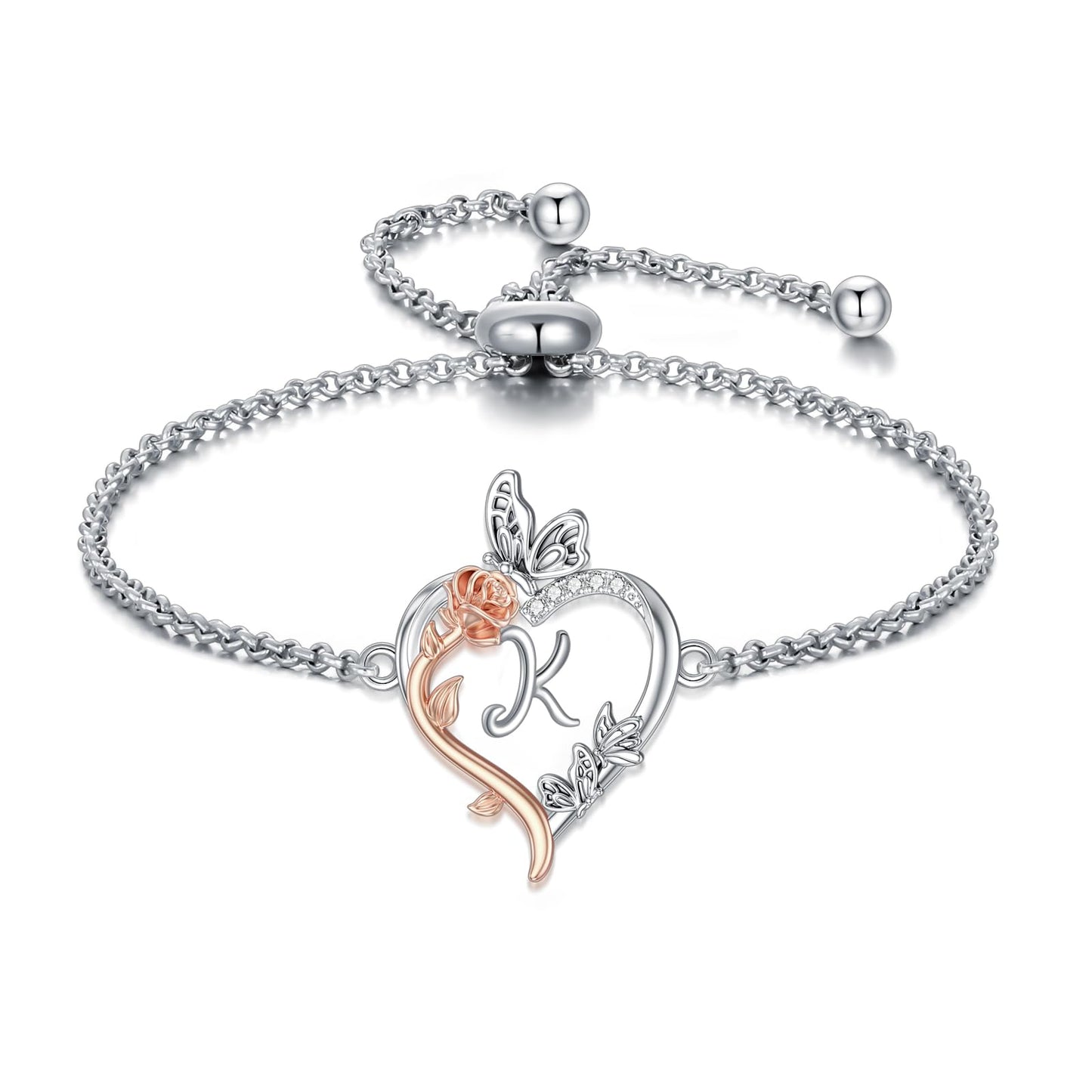 TOUPOP Rose Heart Bracelet for Women Sterling Silver Heart Initial K Letter Bracelet Butterfly Love Jewelry Anniversary Birthday Mothers Day Gifts for Mom Wife Her Girlfriend