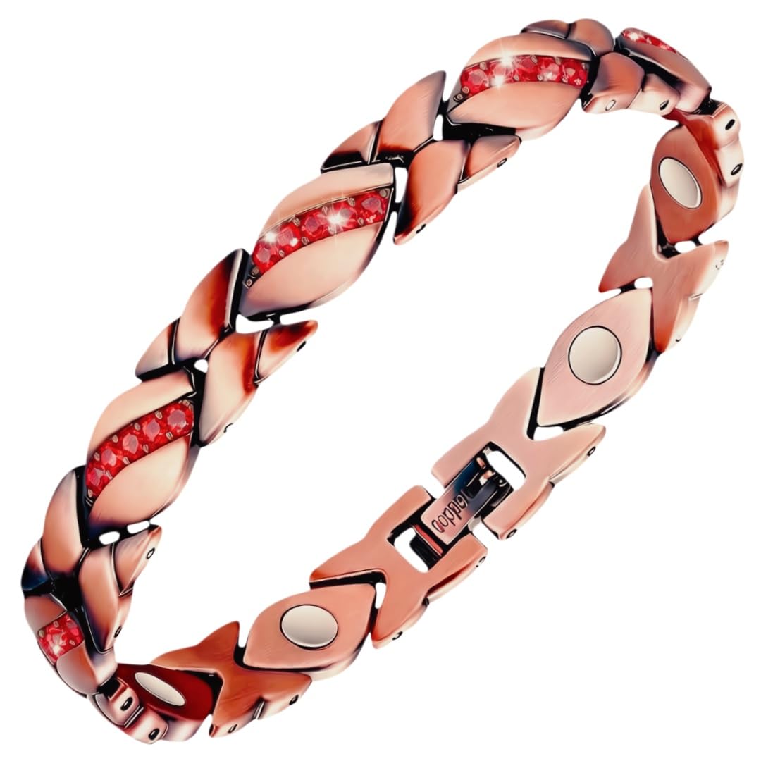 SCVIYRUN Magnetic Copper Bracelets for Women - 99.99% Pure Copper Effective Magnetic Bracelets with Easy 2 Links for Mother (Copper - Orange Red Stone)
