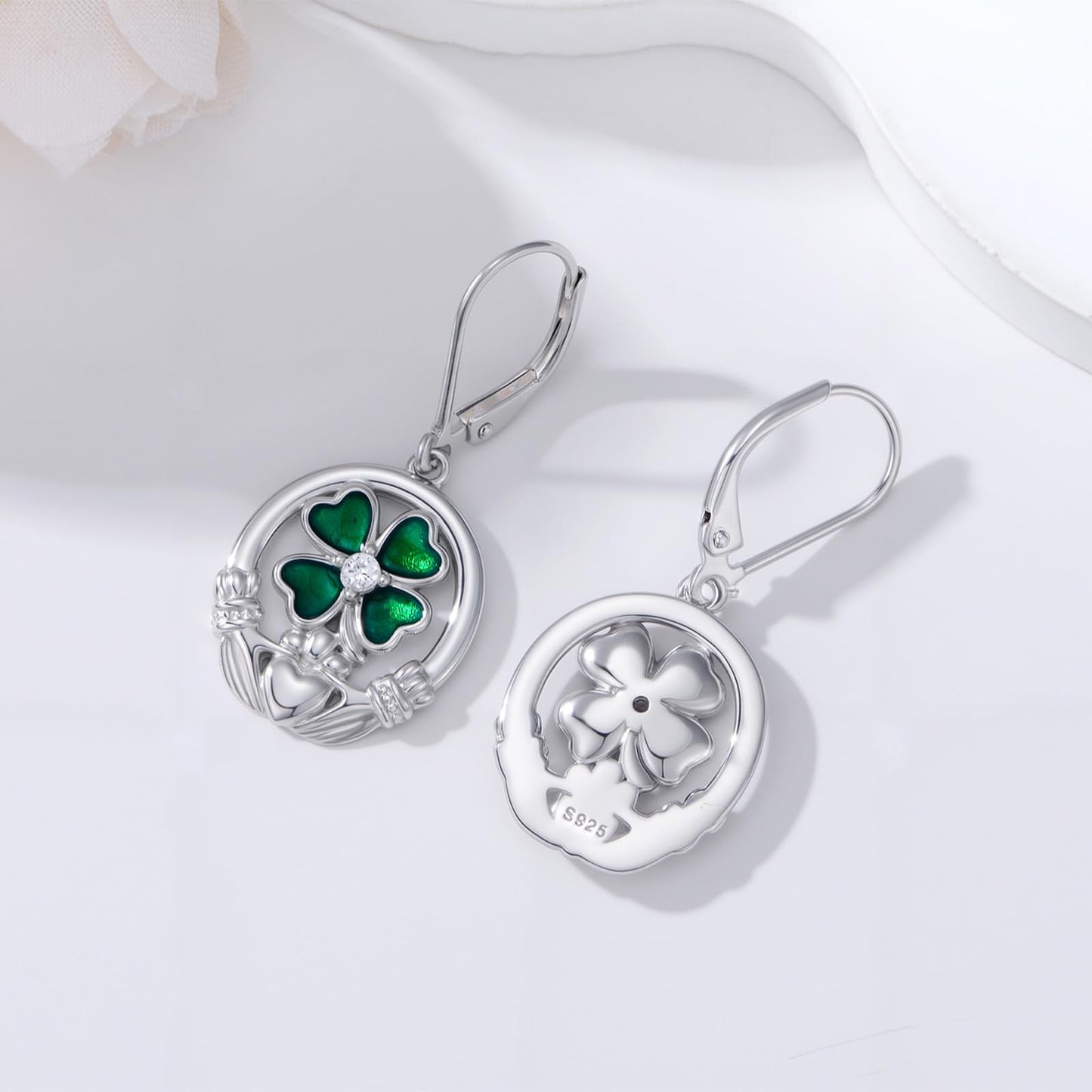 YYmqmq Four Leaf Clover Earrings for Women 925 Sterling Sliver Shamrock and Claddagh Dangle Earrings Leverback Irish Jewelry St Patricks Day Gifts for Women Girlfriend