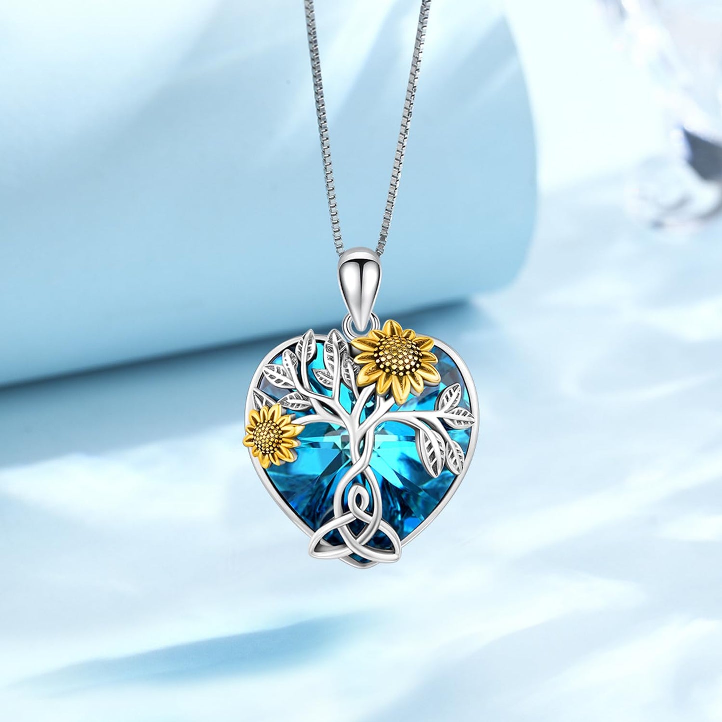 CHENGHONG Sunflower Necklace 925 Sterling Silver Celtic Knot Necklace Tree of Life Pendant Sunflower Crystal Jewelry Gifts for Women Gifts