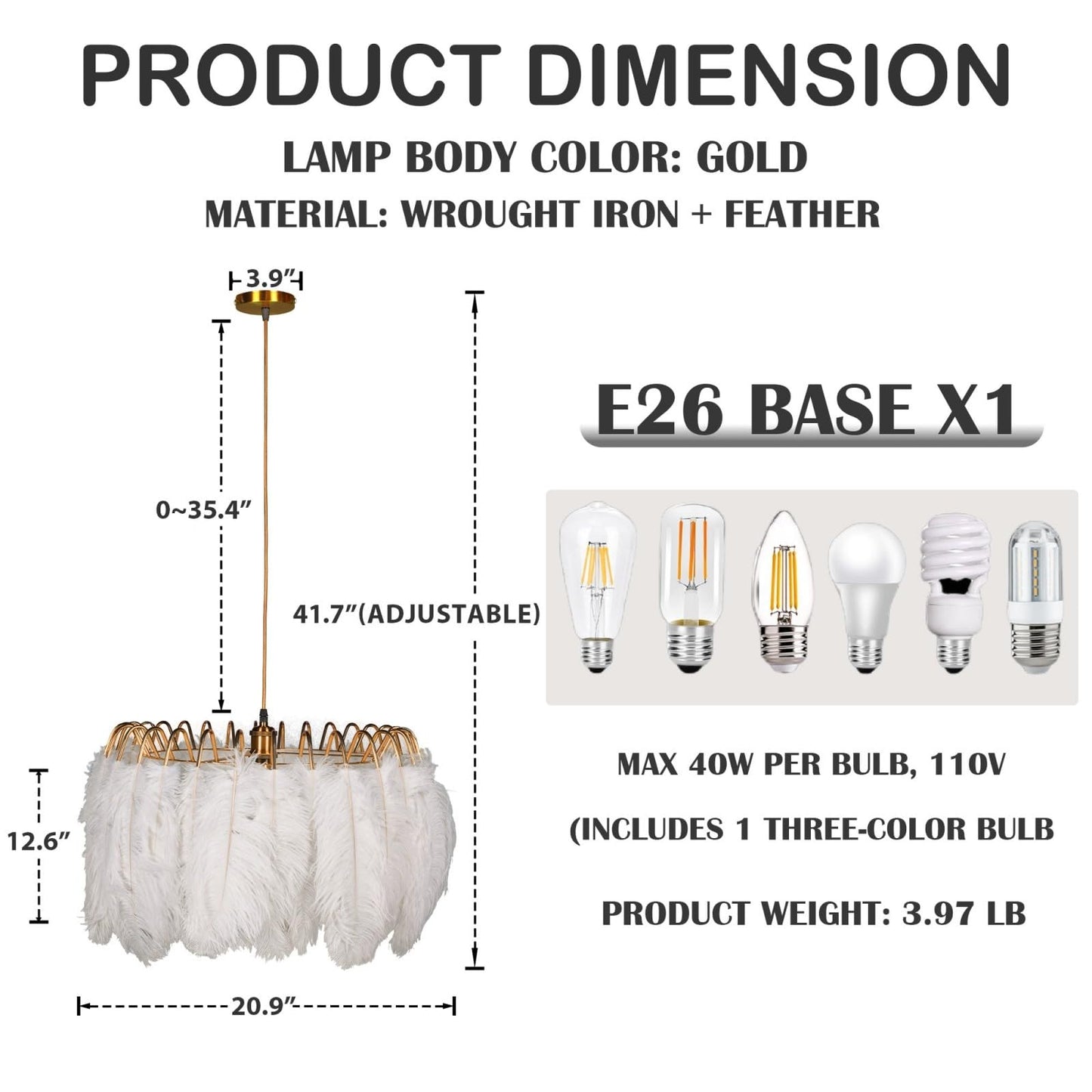 mfanchan 20.9" Nordic Modern Gold Feather Chandelier, Art Decor Feather Light Fixture Nordic Pendant Light Romantic Hanging Ceiling Lighting for Kitchen Island Girls' Room Living Dining Room Foyer