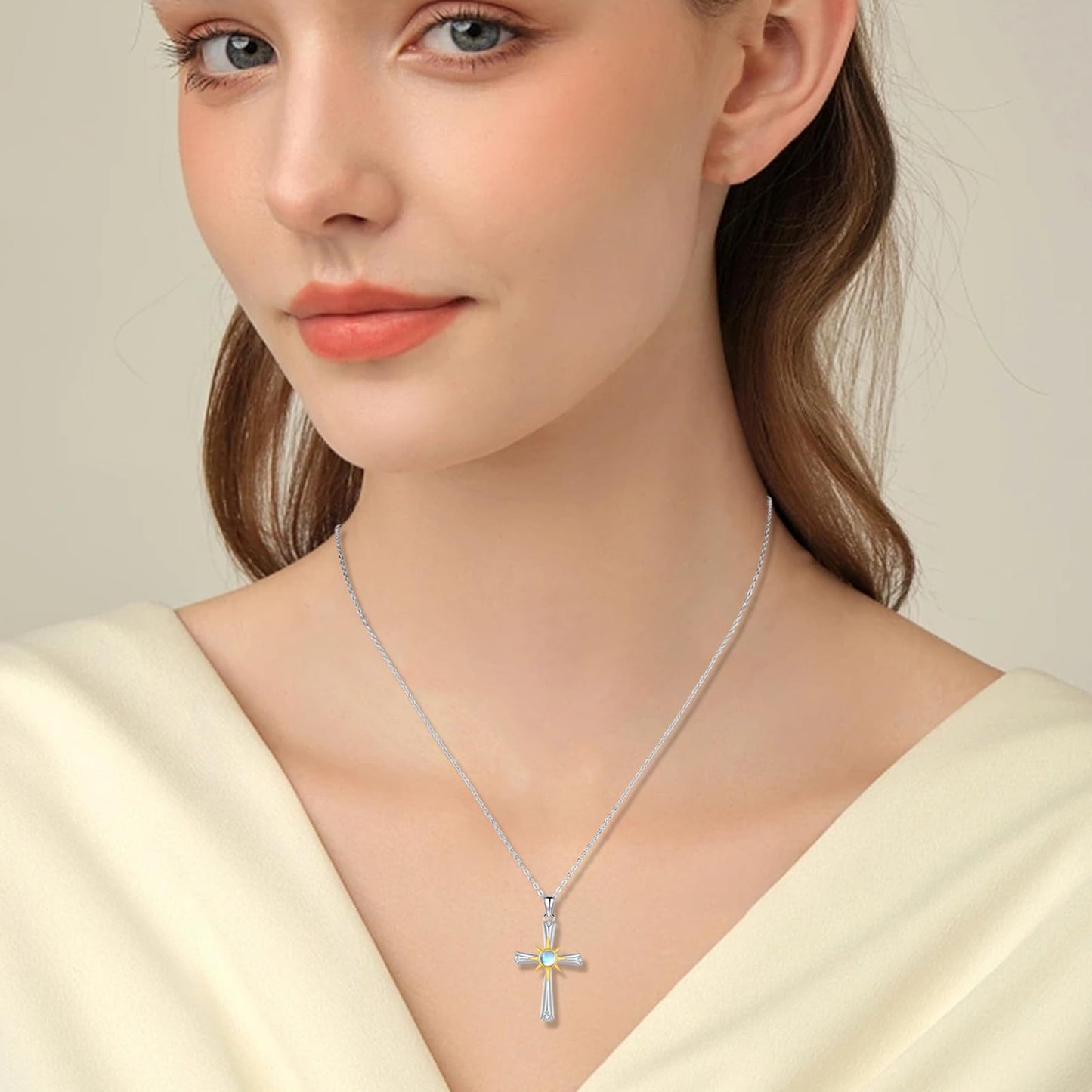 Silikepa Cross Necklace for Women 925 Sterling Silver Sun Cross Pendant Necklace with Moonstone Jewelry Gift for Women