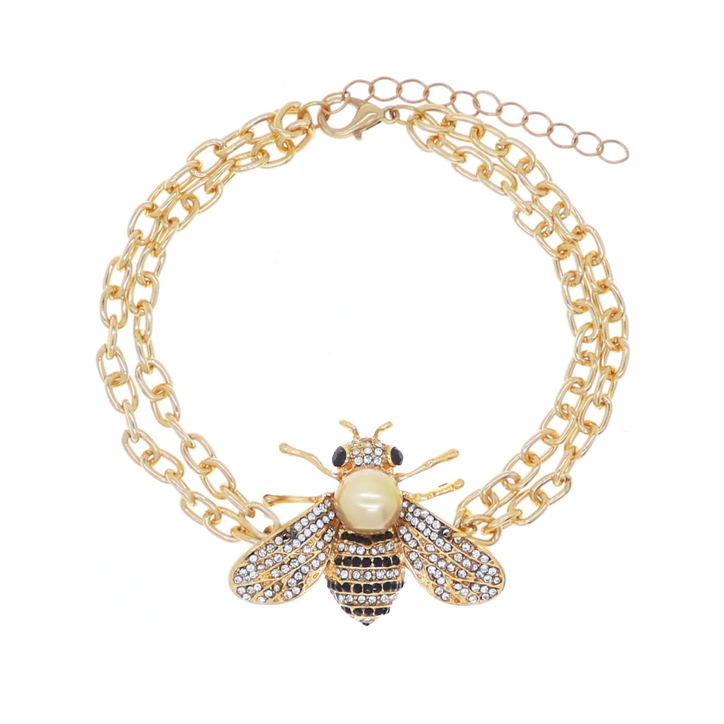 Honey Bee Turquoise Beaded Bracelet Crystal Insect Themed Bee Chain Link Bracelets Animal Fashion Shell Pearl Elastic Bracelets Gold Tone (Gold Pearl Chain)