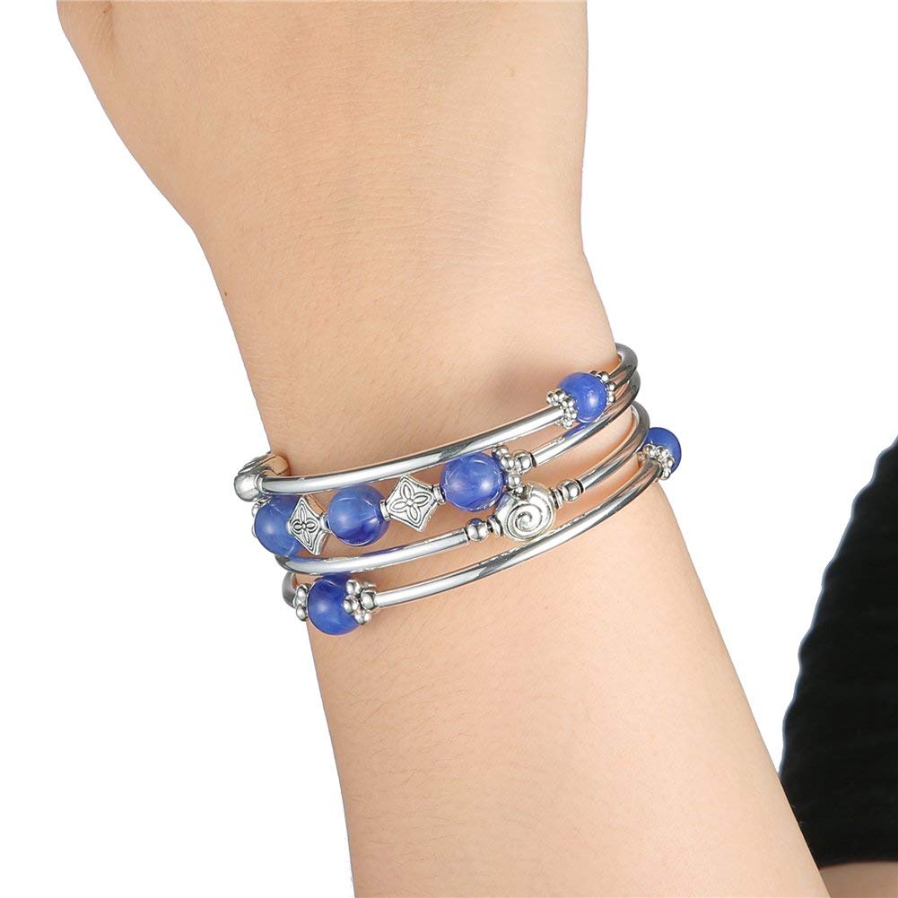 Beaded Pearl Bangle Wrap Bracelet - Fashion Bohemian Jewelry Multilayer Charm Bracelet with Thick Silver Metal Beads, Gift For Women(Blue)