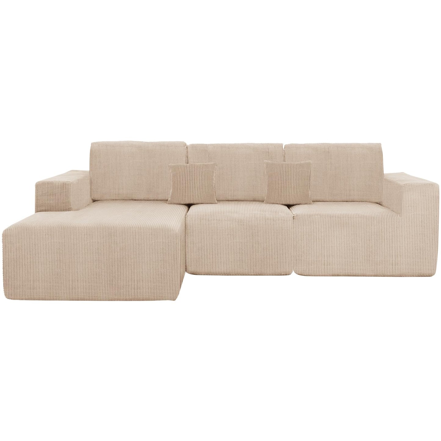 Boneless Couches for Living Room L-Shape Chaise Cloud Couch Modular Sectional 3 Pieces Deep Seat 111" Compressed Couches for Living Room Bedroom with Plush Corduroy Fabric No Assembly Required, Khaki