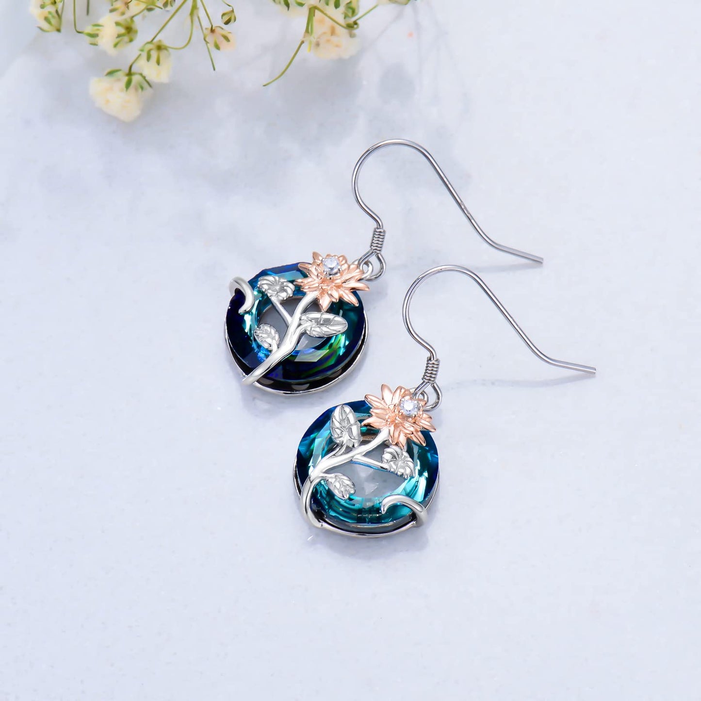 TOUPOP July Birth Flower Earrings Lotus Drop Dangle Earrings Blue Crystal Jewelry Birthday Mothers Day Gifts for Women Mom Her