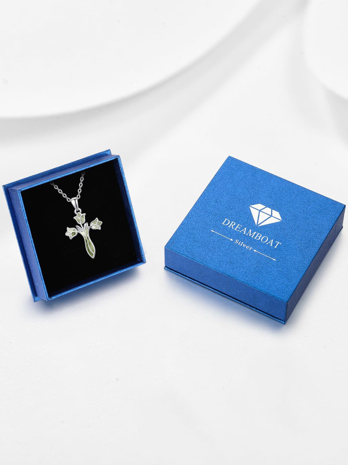 Dreamboat Cross Necklace for Women Sterling Silver Cross Pendant Christian Necklace Tulip Rose Moss Agate Faith Confirmation Gifts Religious Jewelry for Mom