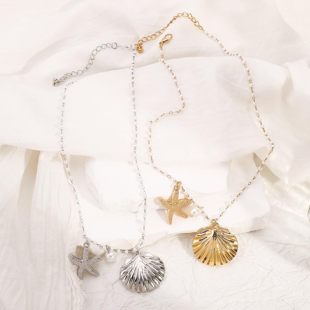 Starfish Necklace Gold Beach Jewelry for Women Pearl Seashell Necklace Cowrie Shell Beach Necklaces Ocean Summer Starfish Jewelry (5 - gold)