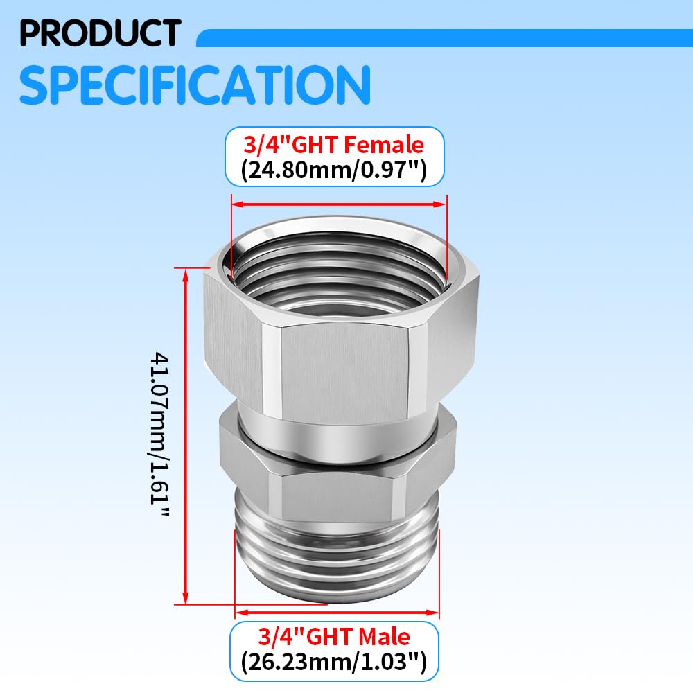 Langina 2PCS Graden Hose Swivel Adapter, 304 Stainless Steel 360 degree Hose Connector, 3/4"GHT Male to Female Hose Swivel Fitting(2Pcs,304SS）