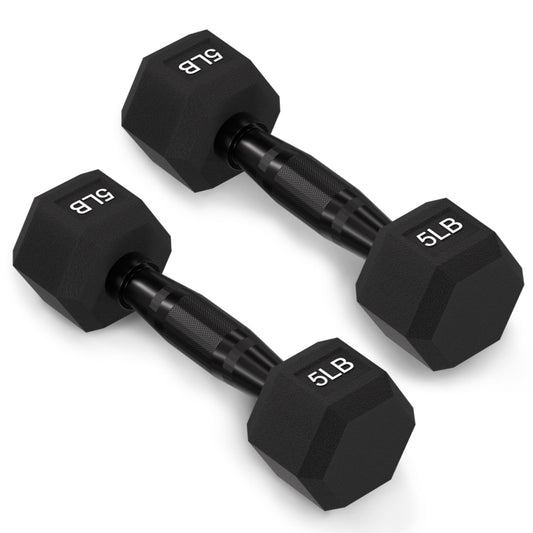 Fitvids Rubber Encased Exercise & Fitness Hex Dumbbell with Anti-Slip Metal Handle for Home Gym, 5 LB Pair