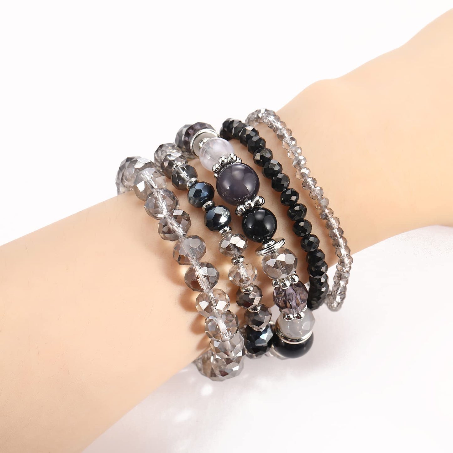 Noessla Beaded Boho Stretch Bracelet Colorful Stackable Crystal Beads Bracelets Trendy Costume Jewelry Mothers Day Gifts for Women(21-Black)